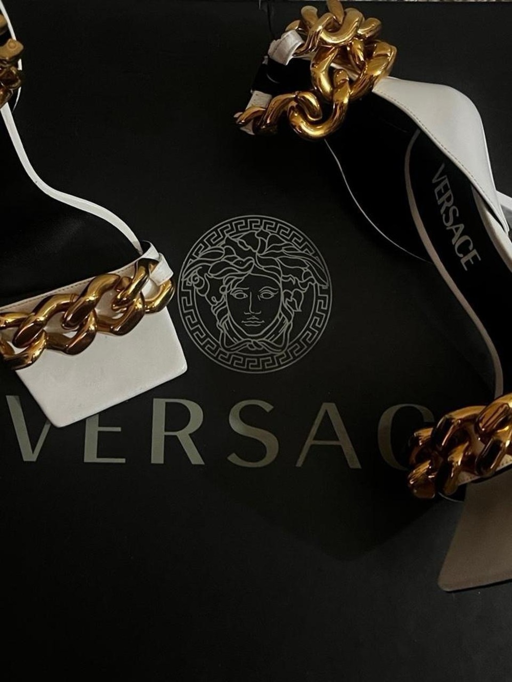 Versace White Heeled Sandals with Chunky Gold Chain